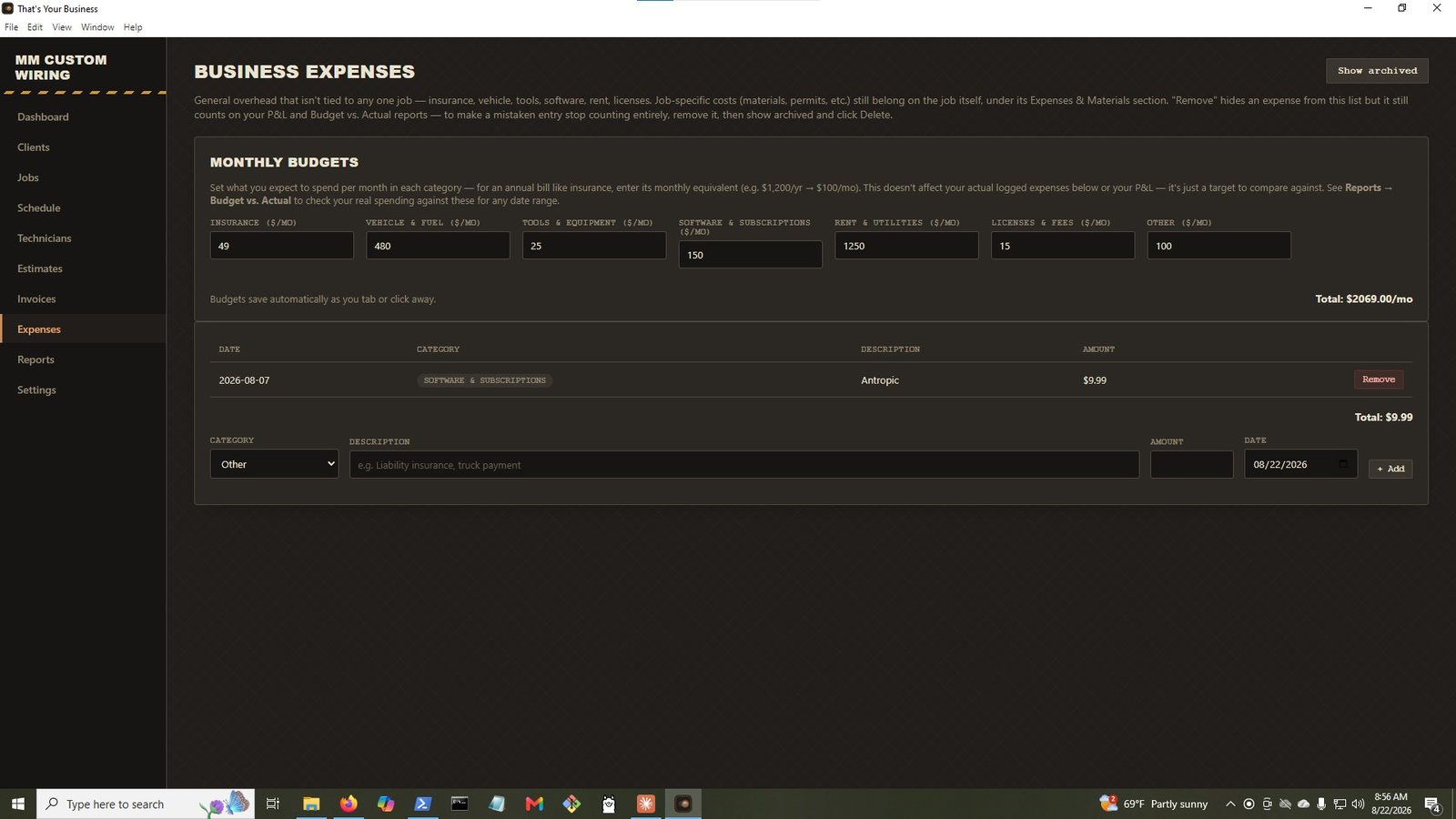 Business Expenses screen showing monthly budgets by category