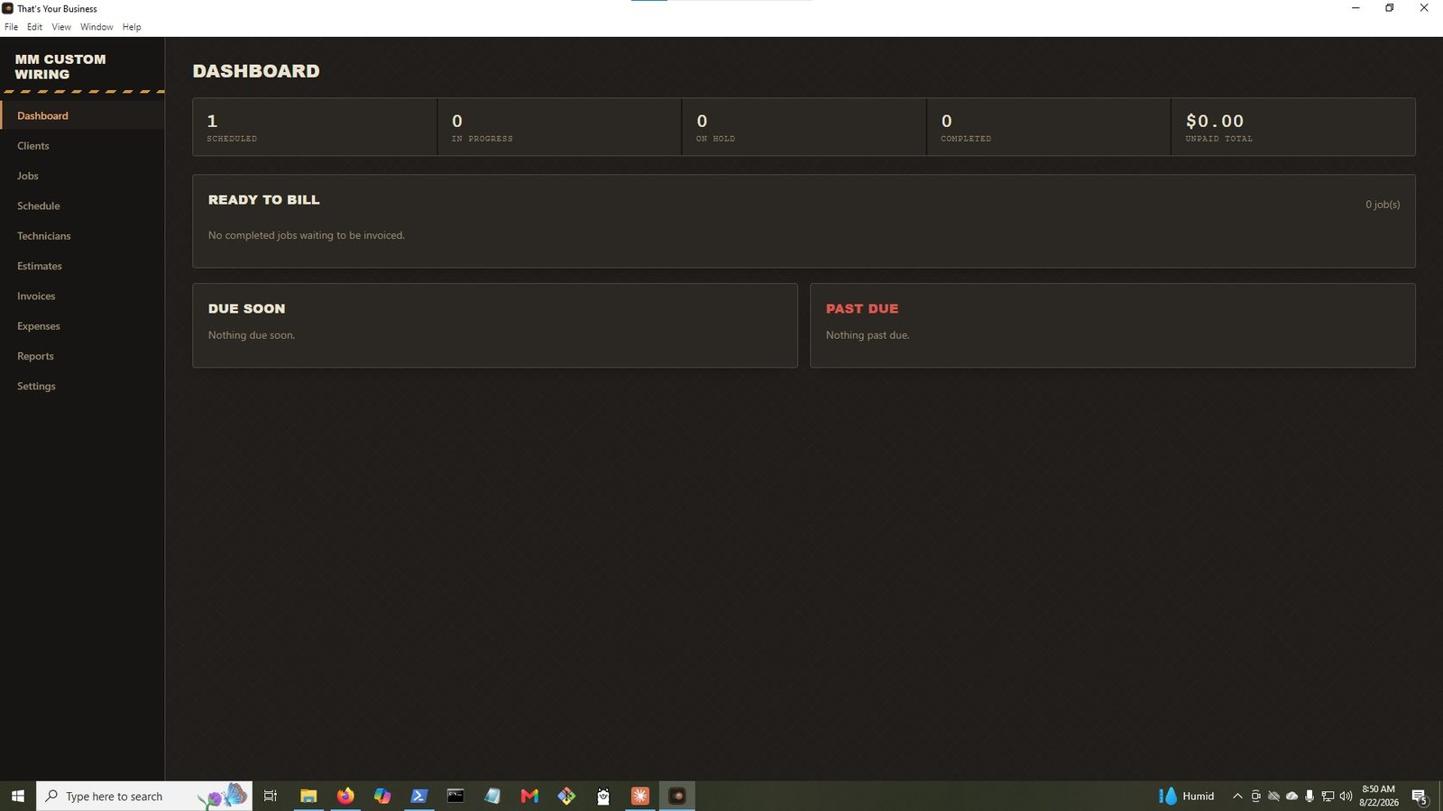 Dashboard screen showing job status counts and Ready to Bill