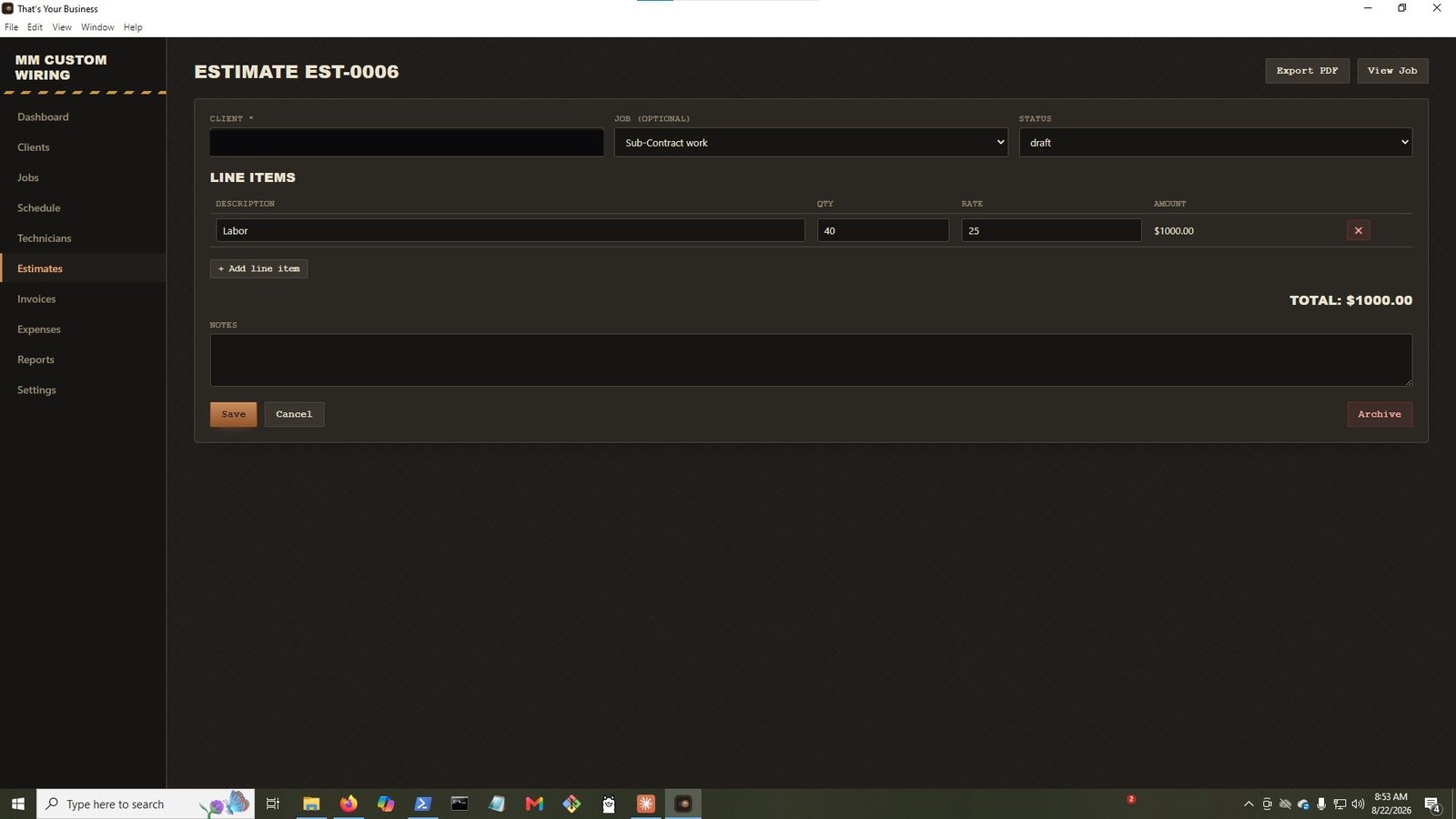 Estimate screen showing a line-item builder