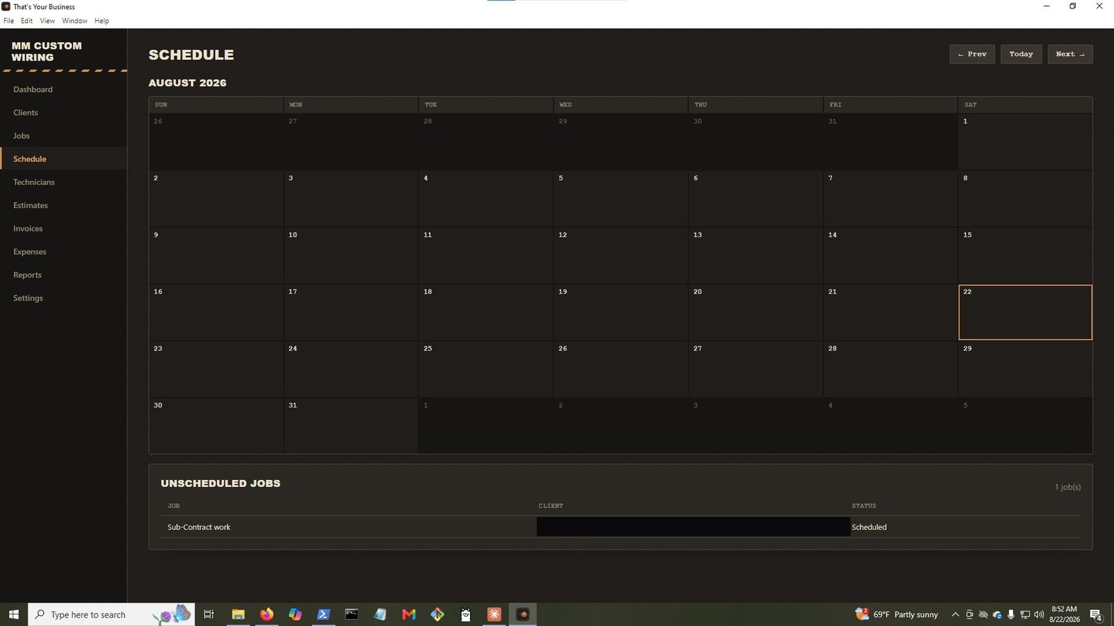 Schedule screen showing a month-view calendar of jobs